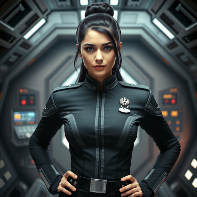 A stunning young woman resembling Demi Rose Mawby dressed as an Imperial Officer in a Star Wars universe setting