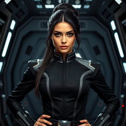 A stunning young woman resembling Demi Rose Mawby dressed as an Imperial Officer in a Star Wars universe setting