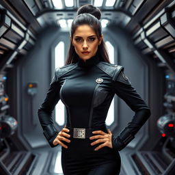A stunning young woman resembling Demi Rose Mawby dressed as an Imperial Officer in a Star Wars universe setting