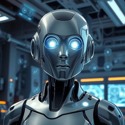 A sleek and sophisticated artificial intelligence robot, showcasing cutting-edge technology