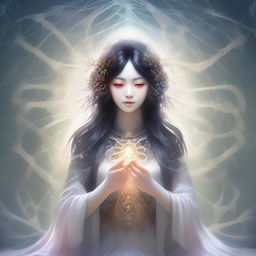 A high-quality digital art image of a beautiful Japanese spider goddess, the weaver of fate and protector of children