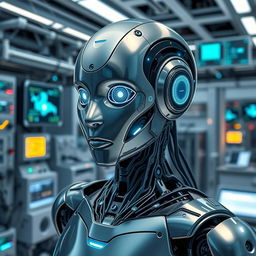 A sleek and sophisticated artificial intelligence robot, showcasing cutting-edge technology