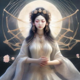 A high-quality digital art image of a beautiful Japanese spider goddess, the weaver of fate and protector of children