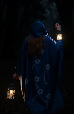 A woman wearing a flowing blue cloak adorned with beautiful white flowering patterns, walking gracefully into a dark, enchanting forest