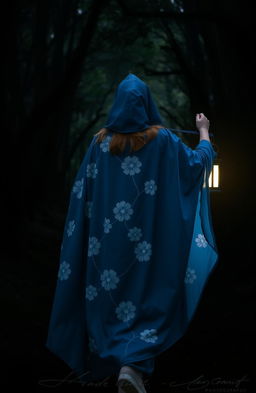 A woman wearing a flowing blue cloak adorned with beautiful white flowering patterns, walking gracefully into a dark, enchanting forest