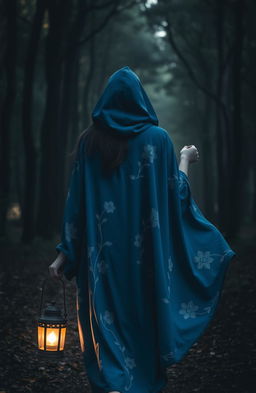 A woman wearing a flowing blue cloak adorned with beautiful white flowering patterns, walking gracefully into a dark, enchanting forest
