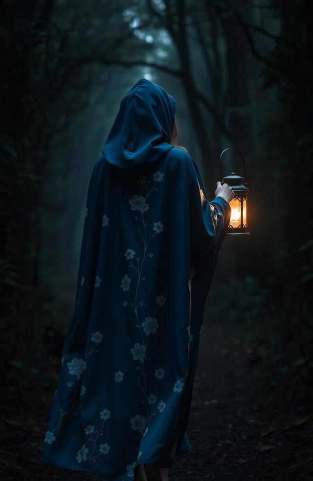 A woman wearing a flowing blue cloak adorned with beautiful white flowering patterns, walking gracefully into a dark, enchanting forest