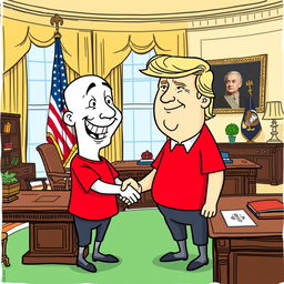 A cartoon character with a white body and exaggerated features, wearing a vibrant red T-shirt, enthusiastically shaking hands with President Donald Trump in the Oval Office