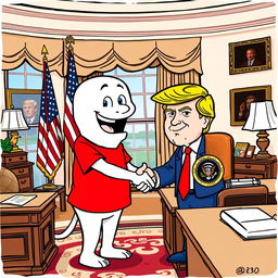 A cartoon character with a white body and exaggerated features, wearing a vibrant red T-shirt, enthusiastically shaking hands with President Donald Trump in the Oval Office