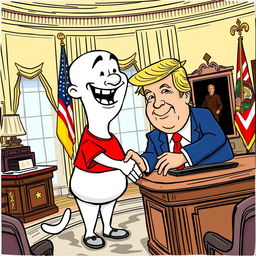 A cartoon character with a white body and exaggerated features, wearing a vibrant red T-shirt, enthusiastically shaking hands with President Donald Trump in the Oval Office