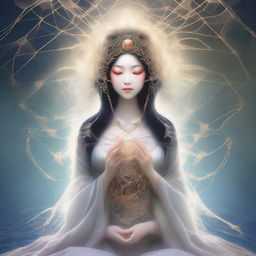 A high-quality digital art image of a beautiful Japanese spider goddess, the weaver of fate and protector of children