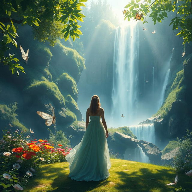 A stunning fantasy landscape featuring a majestic waterfall cascading down rocky cliffs, surrounded by lush greenery and vibrant flowers