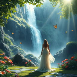 A stunning fantasy landscape featuring a majestic waterfall cascading down rocky cliffs, surrounded by lush greenery and vibrant flowers