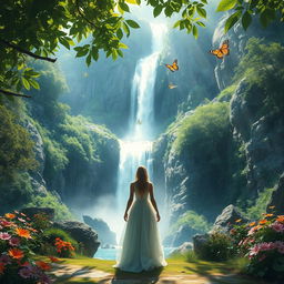 A stunning fantasy landscape featuring a majestic waterfall cascading down rocky cliffs, surrounded by lush greenery and vibrant flowers