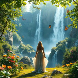A stunning fantasy landscape featuring a majestic waterfall cascading down rocky cliffs, surrounded by lush greenery and vibrant flowers
