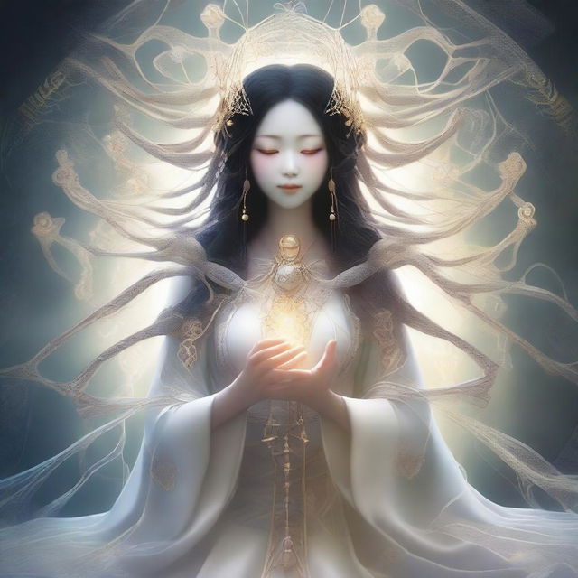 A high-quality digital art image of a beautiful Japanese spider goddess, the weaver of fate and protector of children