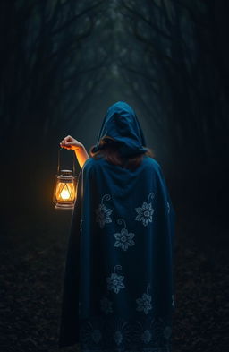 A woman wearing a majestic blue cloak adorned with beautiful white flowering patterns, walking into a dark, mysterious forest