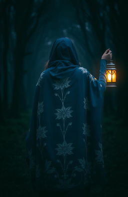 A woman wearing a majestic blue cloak adorned with beautiful white flowering patterns, walking into a dark, mysterious forest