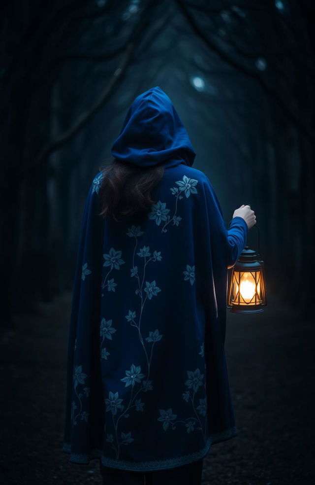 A woman wearing a majestic blue cloak adorned with beautiful white flowering patterns, walking into a dark, mysterious forest