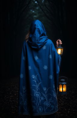 A woman wearing a majestic blue cloak adorned with beautiful white flowering patterns, walking into a dark, mysterious forest