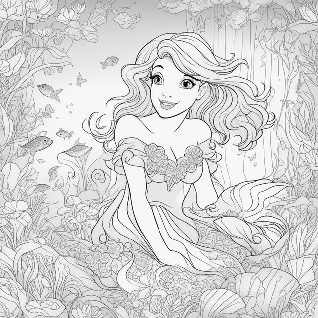 This is a high-quality, black and white line art image of Ariel, the Little Mermaid, designed for coloring