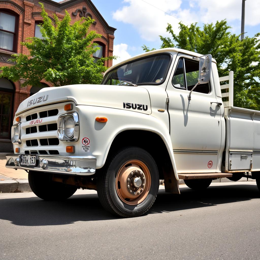 A vintage white Isuzu 8-ton truck parked on a quiet street