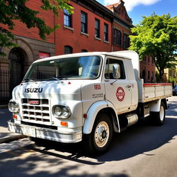 A vintage white Isuzu 8-ton truck parked on a quiet street
