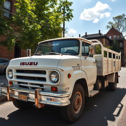 A vintage white Isuzu 8-ton truck parked on a quiet street