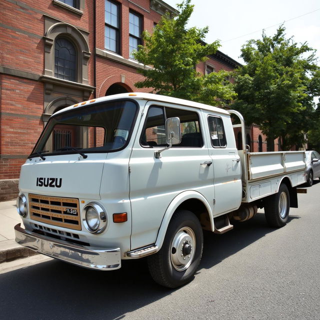 A vintage white Isuzu 8-ton truck parked on a quiet street