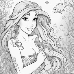 This is a high-quality, black and white line art image of Ariel, the Little Mermaid, designed for coloring