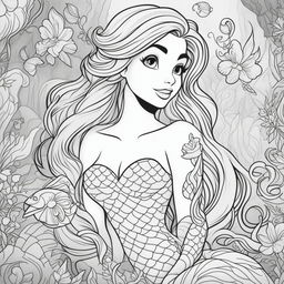 This is a high-quality, black and white line art image of Ariel, the Little Mermaid, designed for coloring