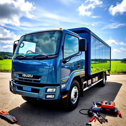 A brand new Isuzu 8-ton truck showcased in an industrial setting
