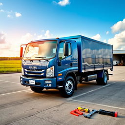 A brand new Isuzu 8-ton truck showcased in an industrial setting