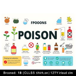 An informative landscape poster illustrating various types of poisons, including plants, chemicals, and household substances
