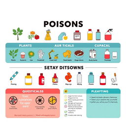 An informative landscape poster illustrating various types of poisons, including plants, chemicals, and household substances