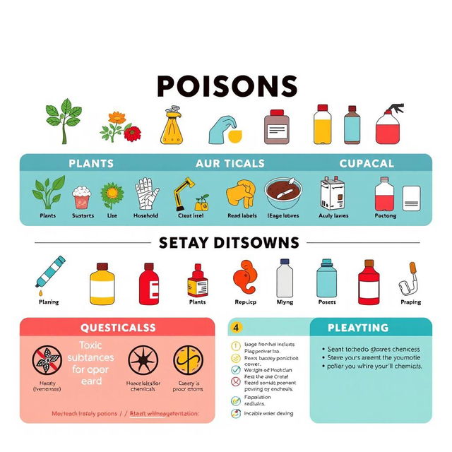 An informative landscape poster illustrating various types of poisons, including plants, chemicals, and household substances