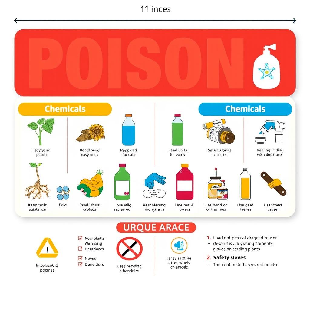 An informative landscape poster illustrating various types of poisons, including plants, chemicals, and household substances