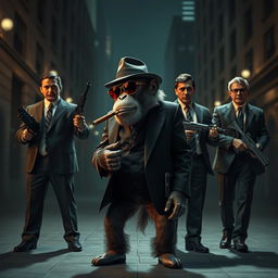 A gangster monkey wearing a stylish fedora and sunglasses, holding a cigar, surrounded by four well-dressed men in smart suits standing as bodyguards