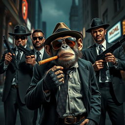 A gangster monkey wearing a stylish fedora and sunglasses, holding a cigar, surrounded by four well-dressed men in smart suits standing as bodyguards