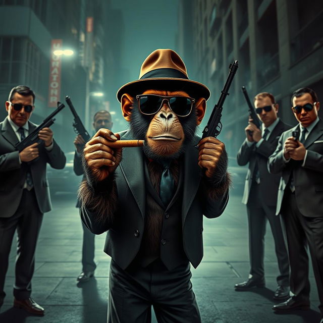 A gangster monkey wearing a stylish fedora and sunglasses, holding a cigar, surrounded by four well-dressed men in smart suits standing as bodyguards