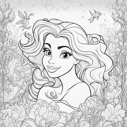 This is a high-quality, black and white line art image of Ariel, the Little Mermaid, designed for coloring