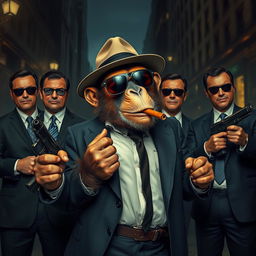 A gangster monkey wearing a stylish fedora and sunglasses, holding a cigar, surrounded by four well-dressed men in smart suits standing as bodyguards