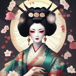 A high-quality digital art image of a beautiful Japanese spider goddess, the weaver of fate and protector of children