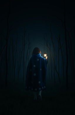 A dark and misty forest at night, devoid of grass and characterized by dead trees, creating a haunting atmosphere