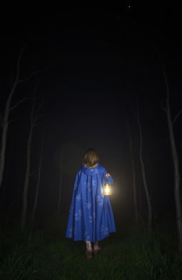 A dark and misty forest at night, devoid of grass and characterized by dead trees, creating a haunting atmosphere