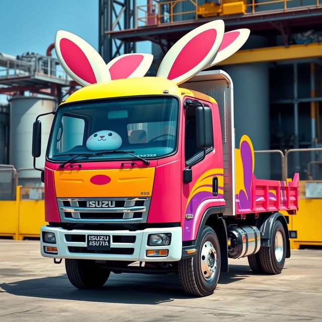 An Isuzu 8-ton truck with a distinct rabbit-head design for the cab, featuring vibrant colors and playful artistic elements that emphasize the rabbit motif