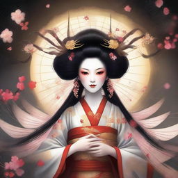 A high-quality digital art image of a beautiful Japanese spider goddess, the weaver of fate and protector of children