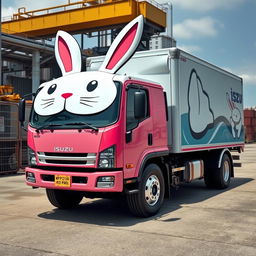 An Isuzu 8-ton truck with a distinct rabbit-head design for the cab, featuring vibrant colors and playful artistic elements that emphasize the rabbit motif