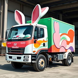 An Isuzu 8-ton truck with a distinct rabbit-head design for the cab, featuring vibrant colors and playful artistic elements that emphasize the rabbit motif
