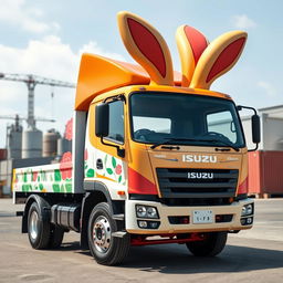 An Isuzu 8-ton truck with a distinct rabbit-head design for the cab, featuring vibrant colors and playful artistic elements that emphasize the rabbit motif